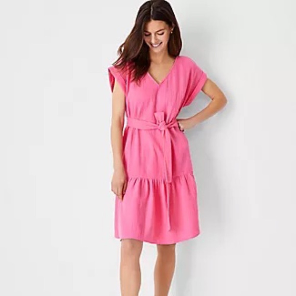 Ann Taylor Gauze Pocket Flare Dress in Tropical Rose - Picture 1 of 9